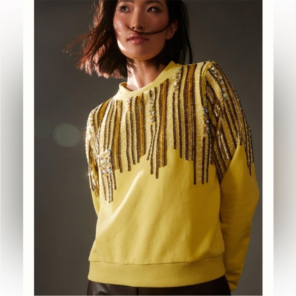 Anthropologie Let Me Be Disco Sequin Sweatshirt Yellow Crewneck Embellished XS